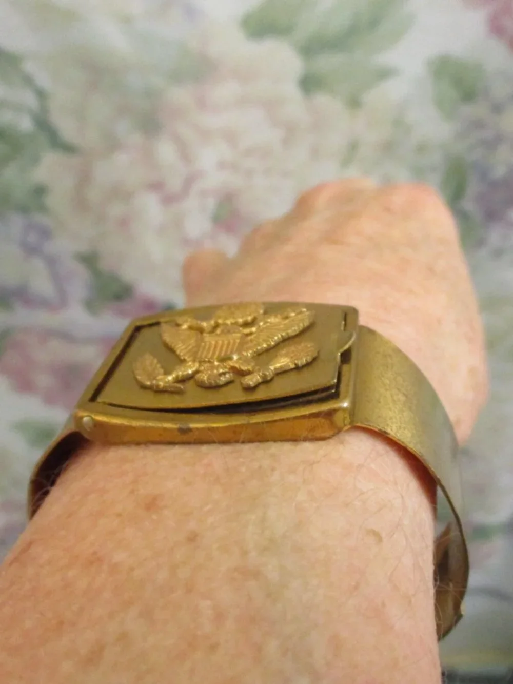 WWII US ARMY Hidden Locket Bracelet: Gold Matte Metal Hinged Military Cuff~ RARE